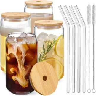 Drinking Glasses with Bamboo Lids and Glass Straws