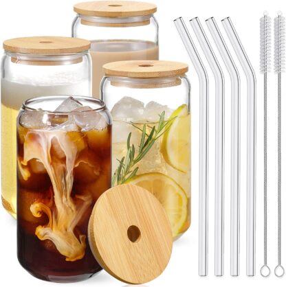 Drinking Glasses with Bamboo Lids and Glass Straws